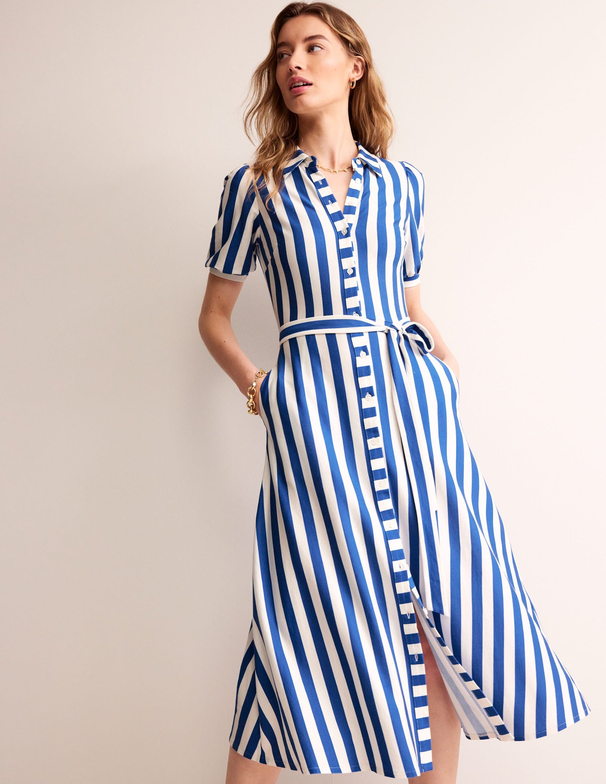 Libby Jersey Midi Shirt Dress-Blue, Ivory Stripe-4