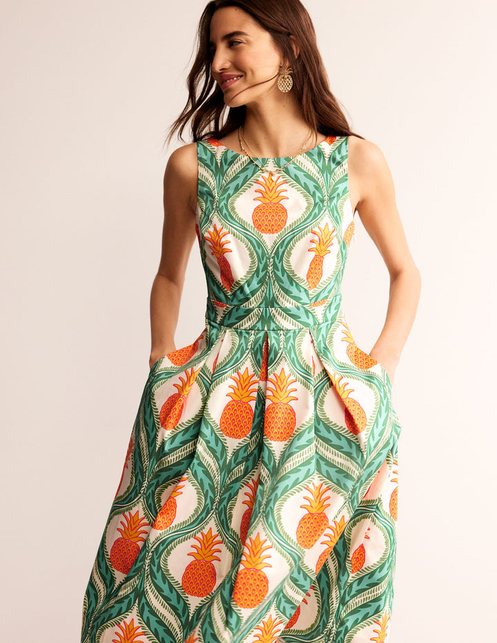Sleeveless Pleat Midi Dress-Green Tambourine, Pineapple
