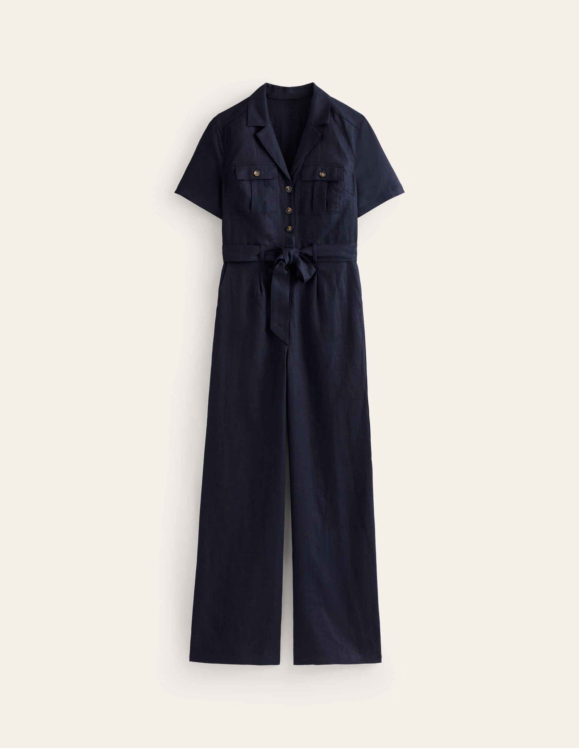 Belted Linen Jumpsuit-Navy-5