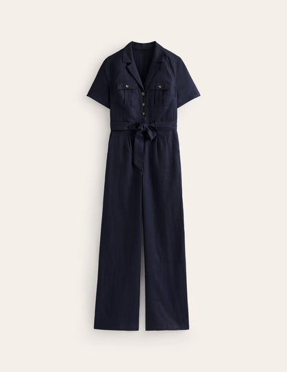 Belted Linen Jumpsuit-Navy-5