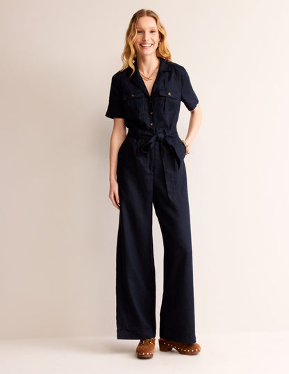Belted Linen Jumpsuit-Navy-2