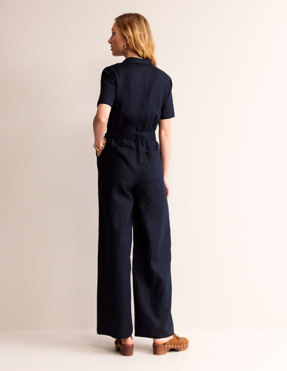Belted Linen Jumpsuit-Navy-4