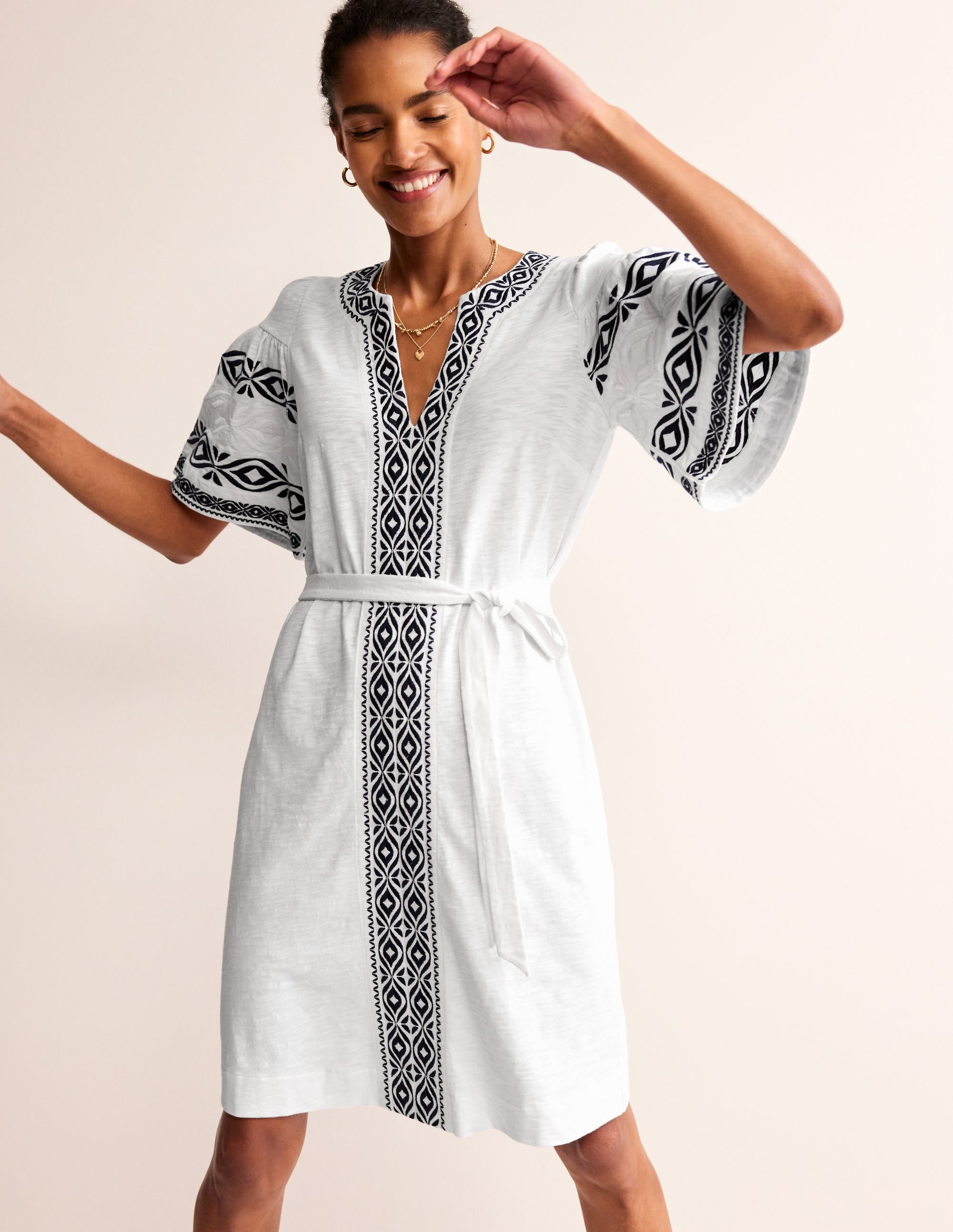 Embroidered Jersey Short Dress-White - Image 4