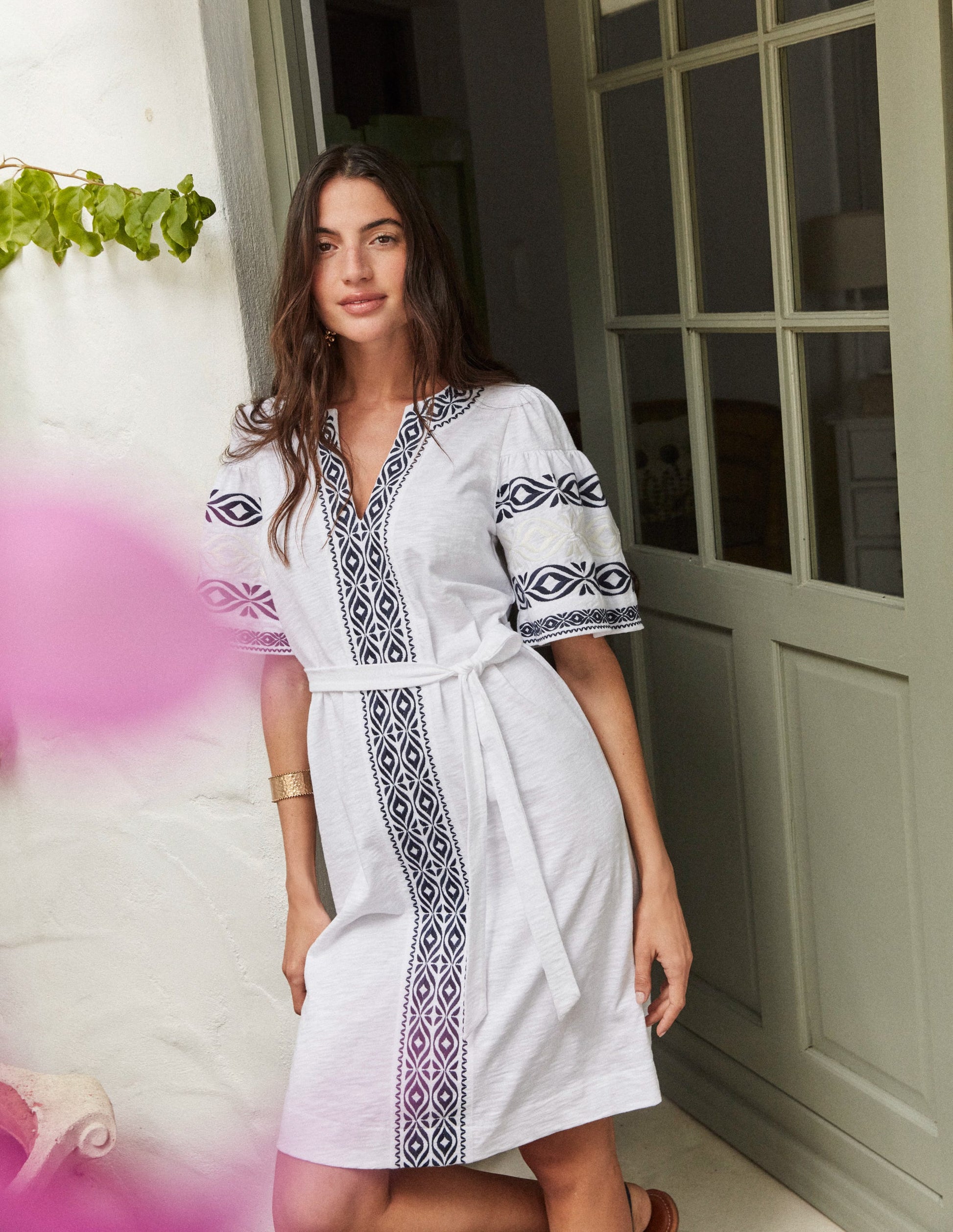 Embroidered Jersey Short Dress-White-5