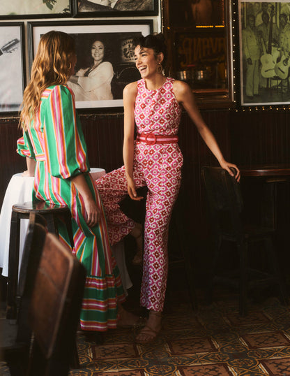 Carla Linen Jumpsuit-Pink Power, Geometric Stamp-5