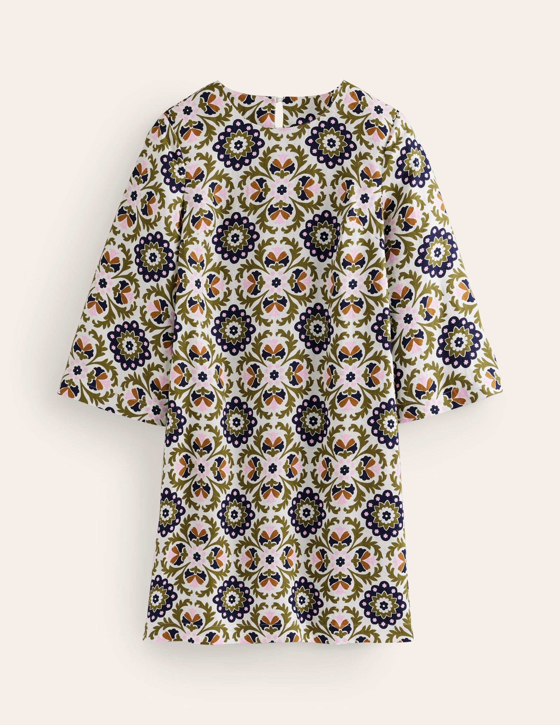 Flare Linen Short Dress-Mayfly, Mosaic Bloom-5