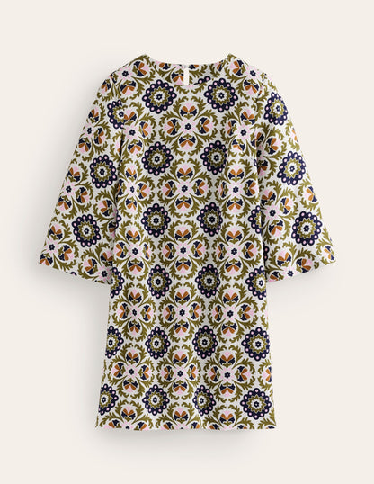 Flare Linen Short Dress-Mayfly, Mosaic Bloom-5