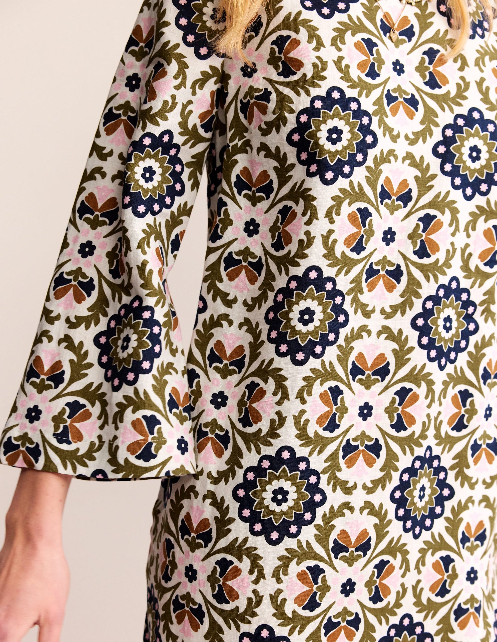 Flare Linen Short Dress-Mayfly, Mosaic Bloom-2