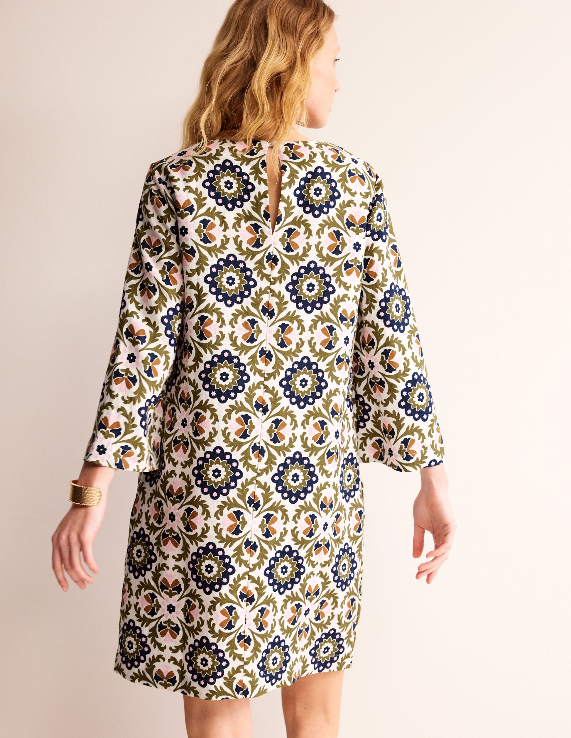 Flare Linen Short Dress-Mayfly, Mosaic Bloom-3