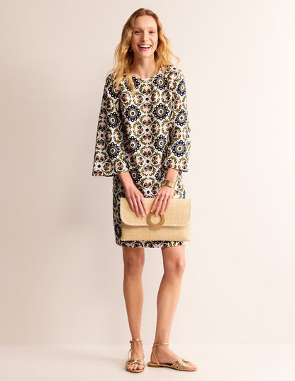 Flare Linen Short Dress-Mayfly, Mosaic Bloom-4