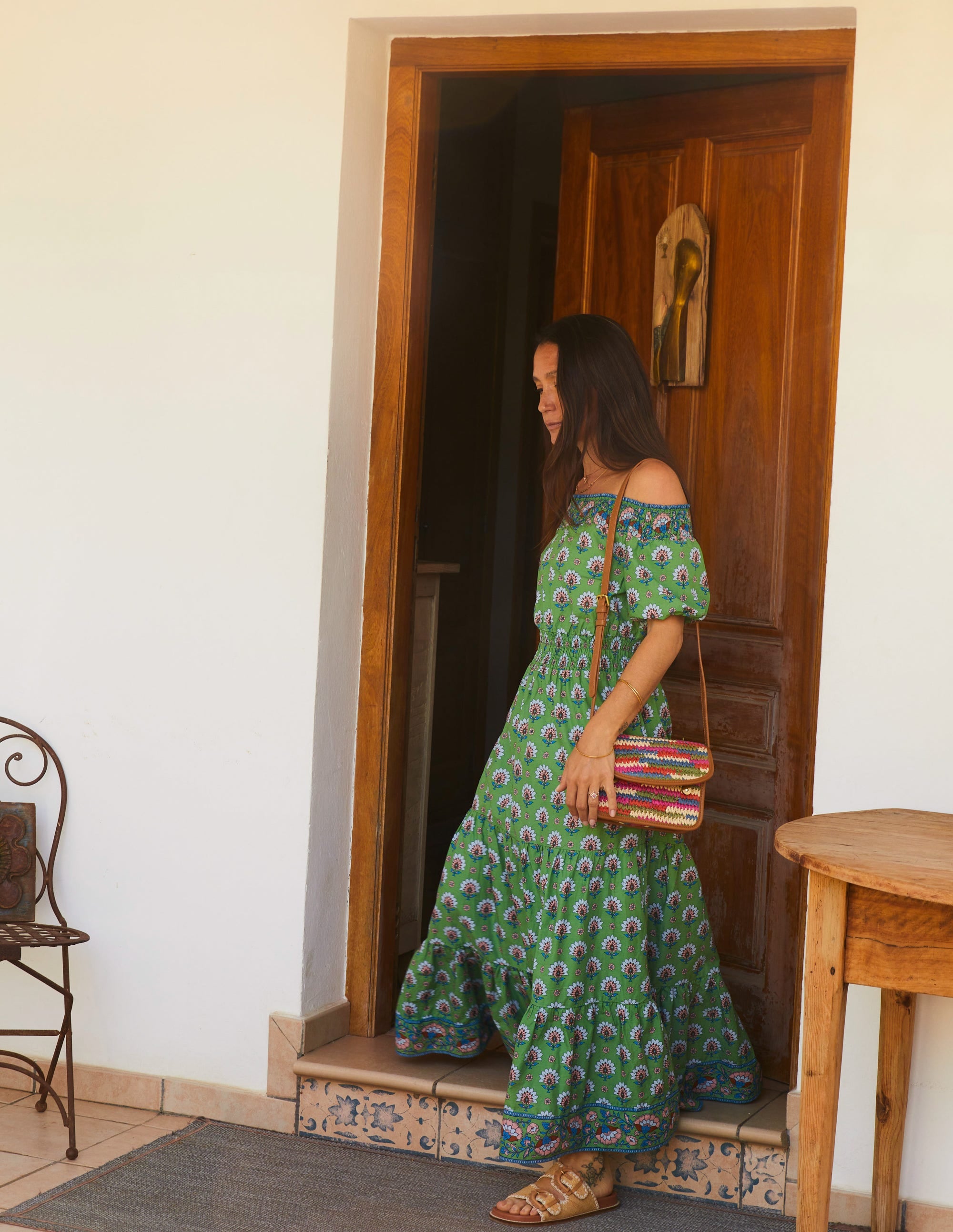Cotton Midi Smocked Dress-Stone Green, Passion Geo - Image 5