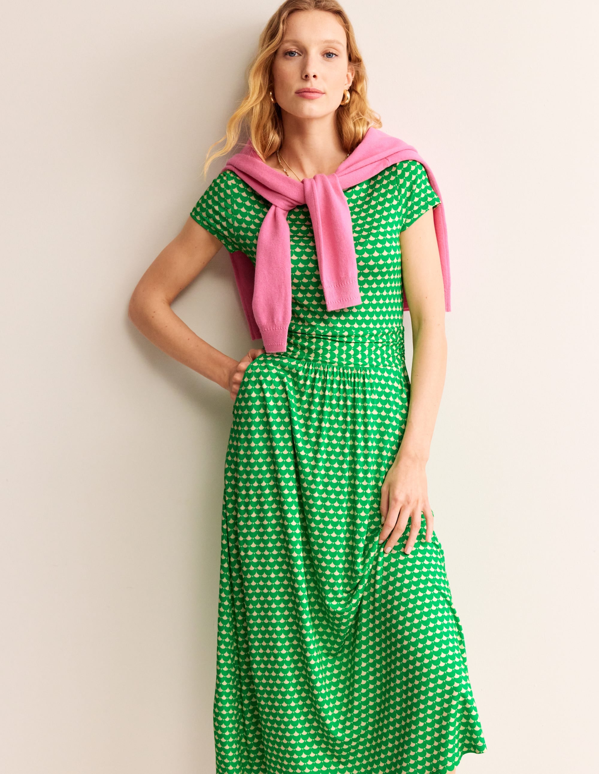 Amelie Jersey Midi Dress-Kelly Green, Crescent Stamp - Image 1