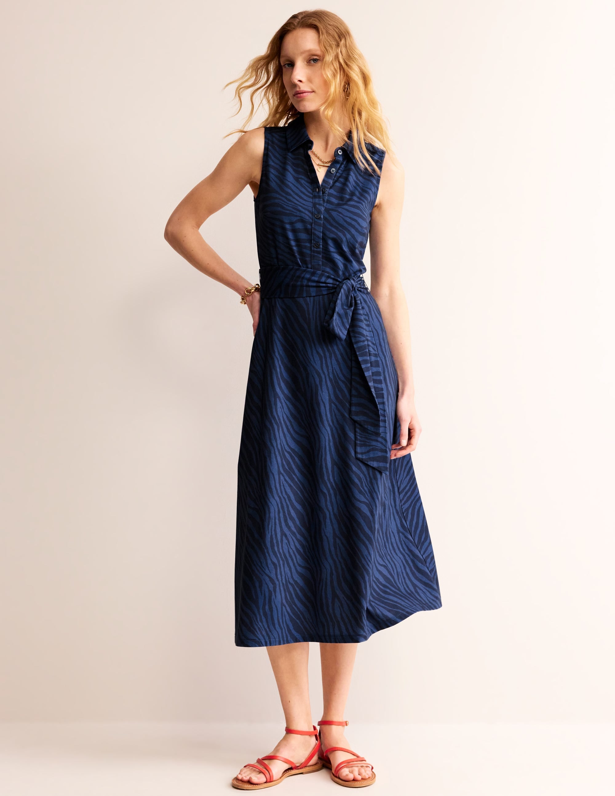 Laura Sleeveless Shirt Dress-True Navy, Animal Stripe - Image 2