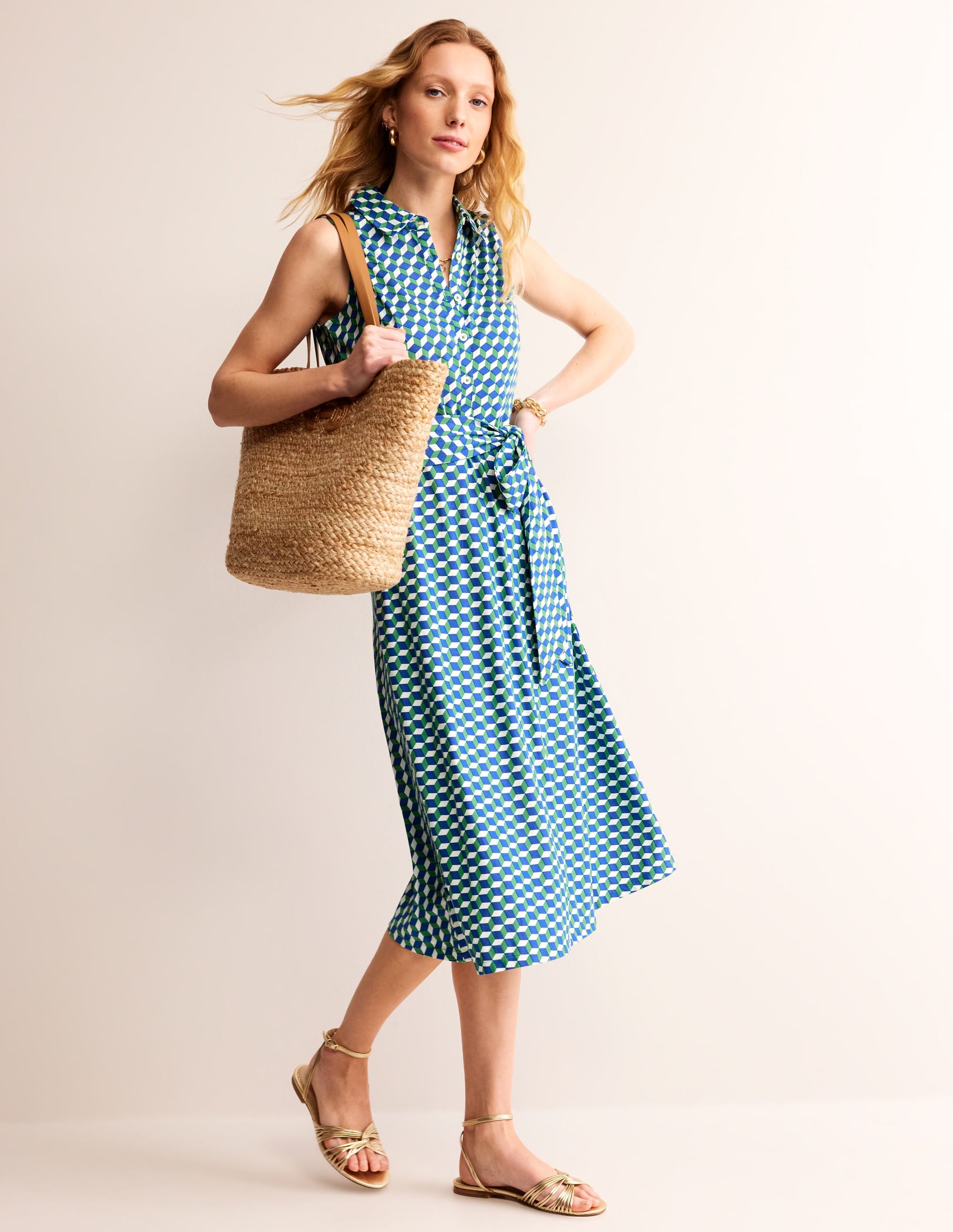 Laura Sleeveless Shirt Dress-Kelly Green, Diamond Cube - Image 1