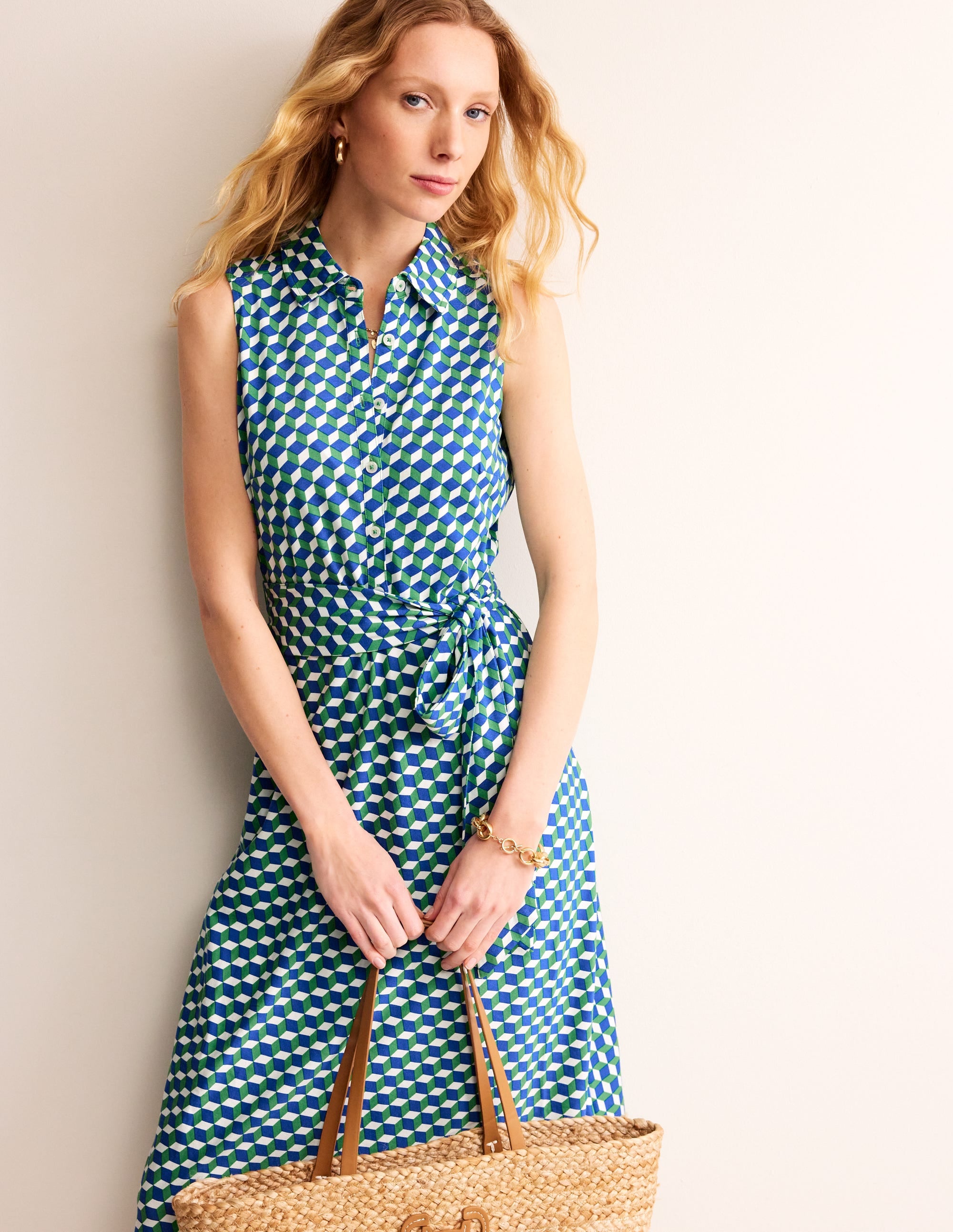 Laura Sleeveless Shirt Dress-Kelly Green, Diamond Cube - Image 4