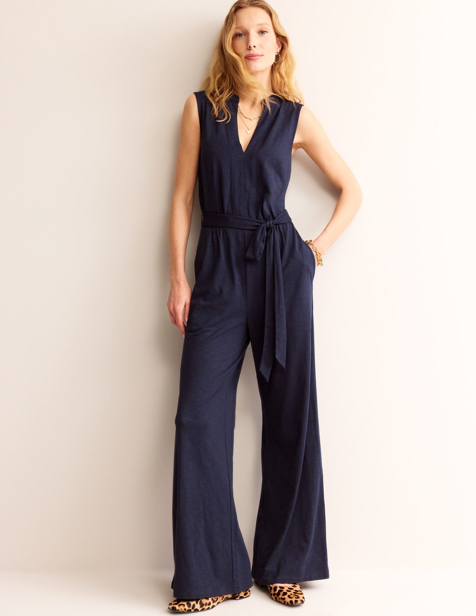 Naomi Notch Jersey Jumpsuit-Navy-1