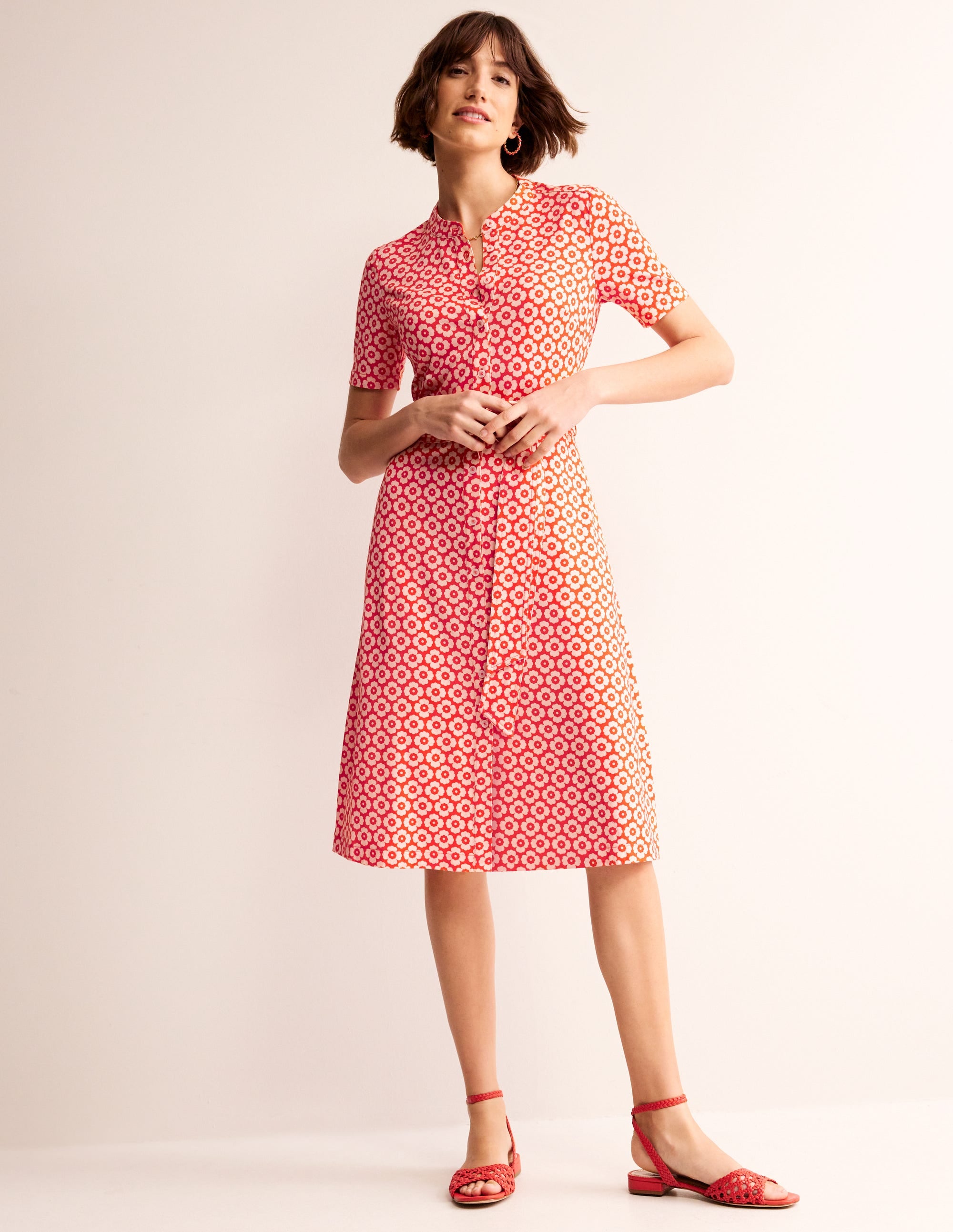 Julia Short Sleeve Shirt Dress-Flame Scarlet, Primrose Stamp - Image 1