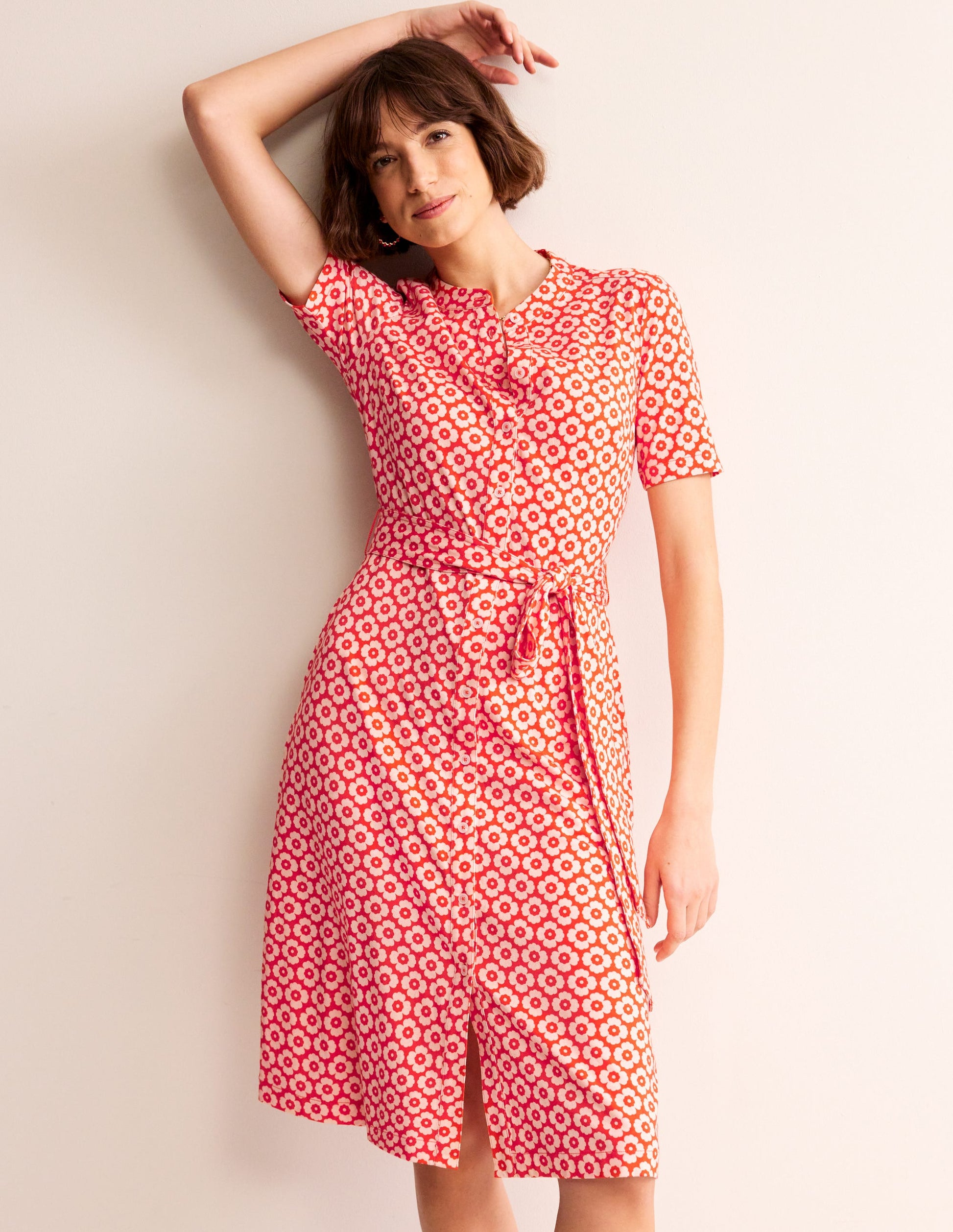 Julia Short Sleeve Shirt Dress-Flame Scarlet, Primrose Stamp-4