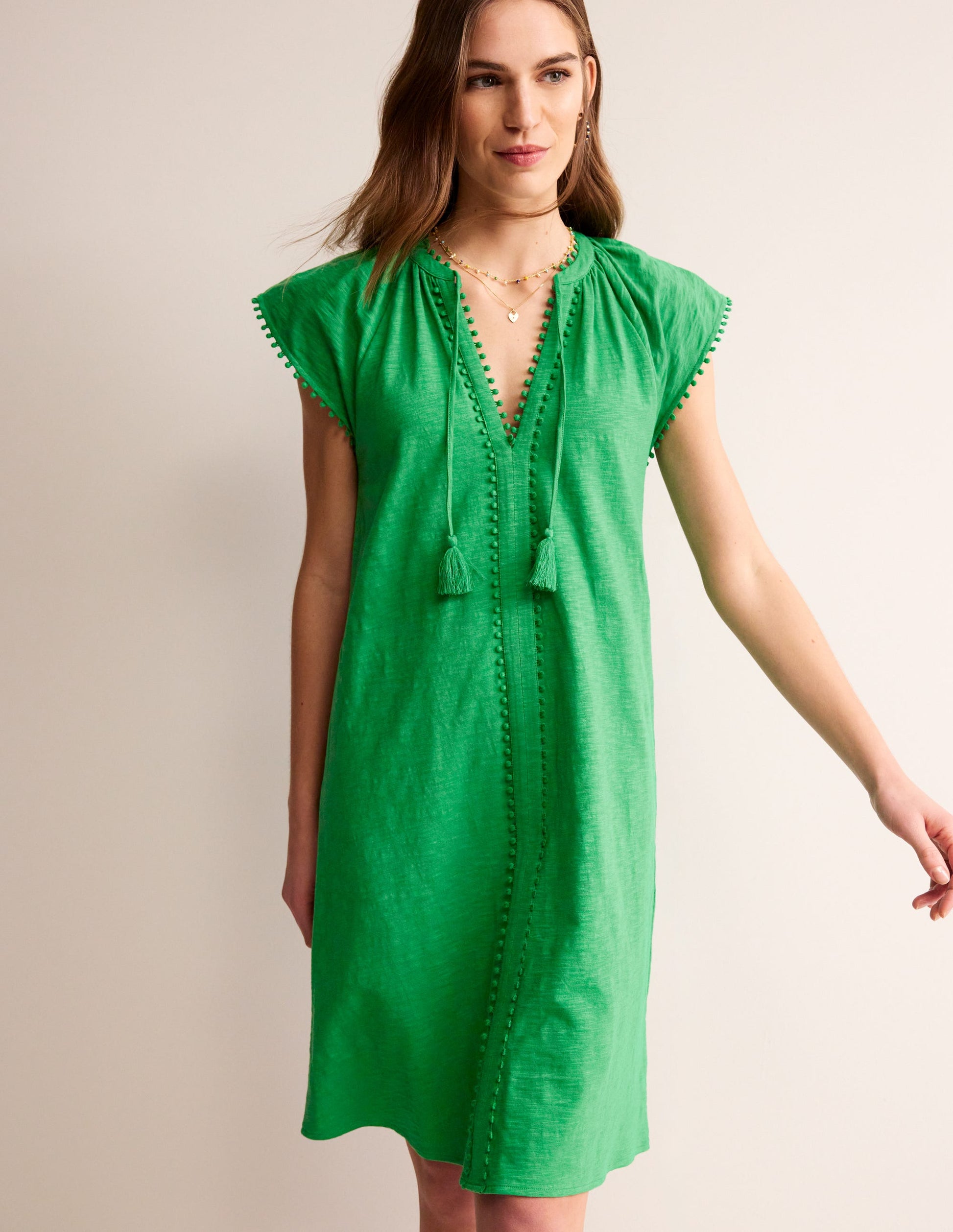 Millie Pom Cotton Dress-Green Tambourine-4