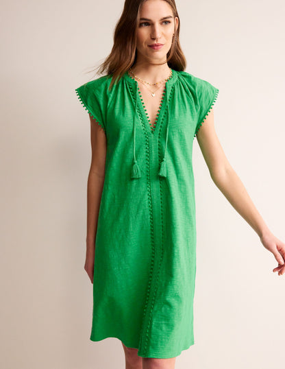 Millie Pom Cotton Dress-Green Tambourine-4