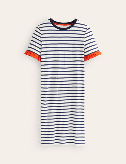 Emily Ruffle Cotton Dress-Ivory, Navy Stripe-5