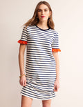 Emily Ruffle Cotton Dress-Ivory, Navy Stripe