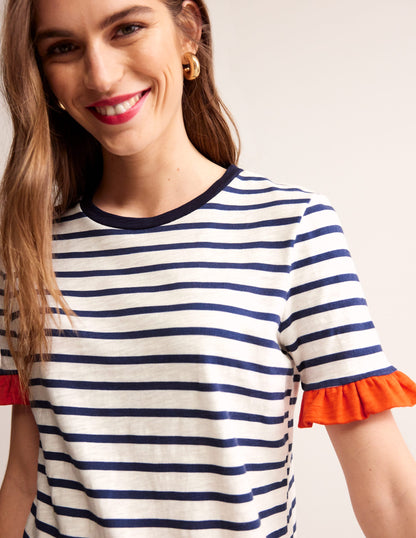 Emily Ruffle Cotton Dress-Ivory, Navy Stripe-2