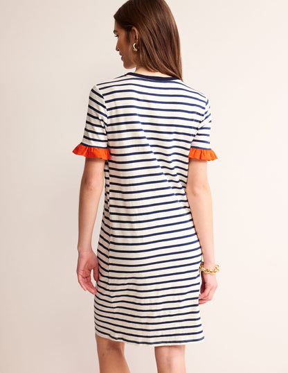 Emily Ruffle Cotton Dress-Ivory, Navy Stripe-3