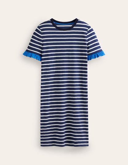 Emily Ruffle Cotton Dress-Navy, Ivory Stripe-5