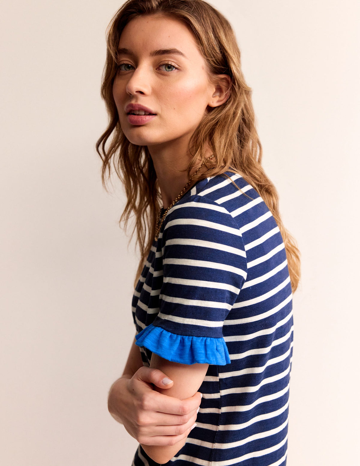 Emily Ruffle Cotton Dress-Navy, Ivory Stripe - Image 1