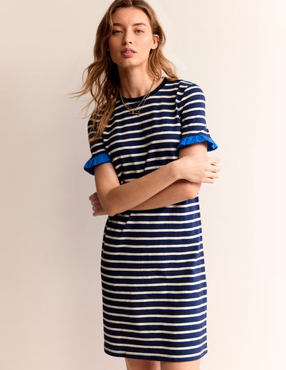 Emily Ruffle Cotton Dress-Navy, Ivory Stripe-2