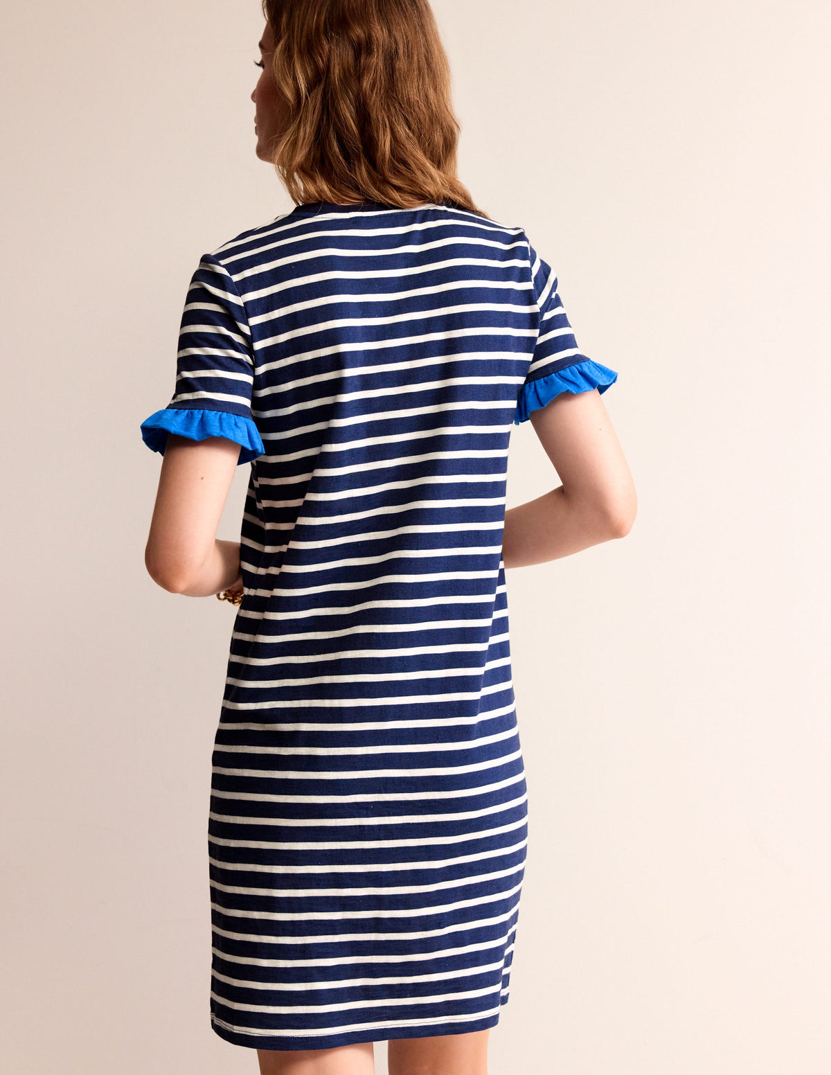 Emily Ruffle Cotton Dress-Navy, Ivory Stripe - Image 3