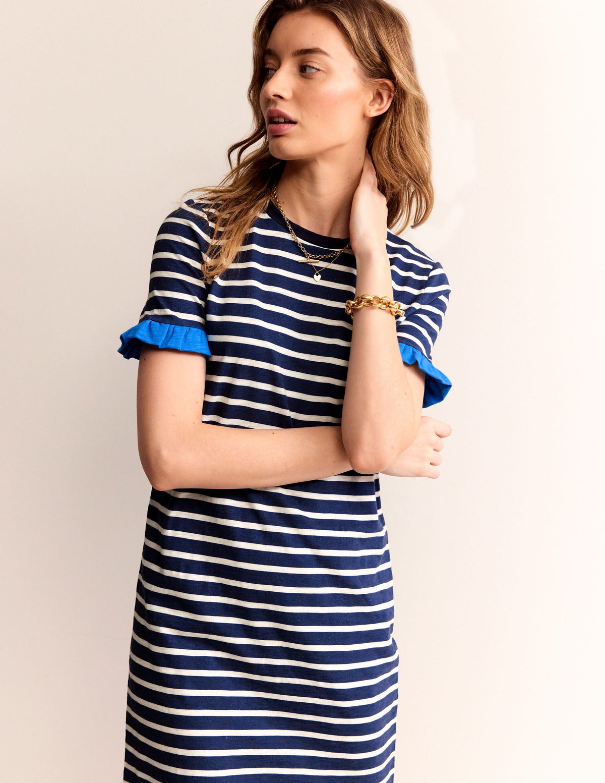 Emily Ruffle Cotton Dress-Navy, Ivory Stripe - Image 4