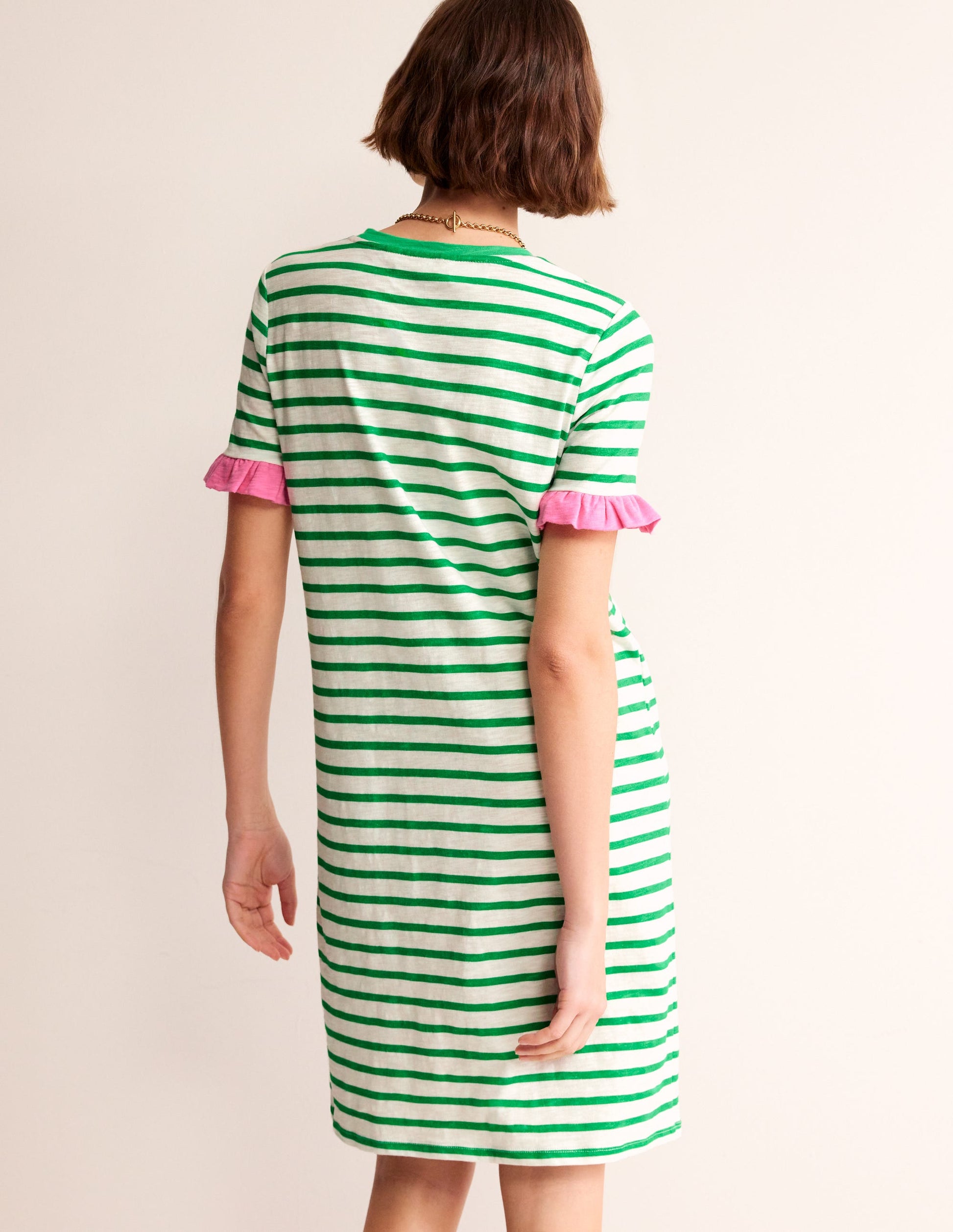 Emily Ruffle Cotton Dress-Ivory, Green Stripe-3