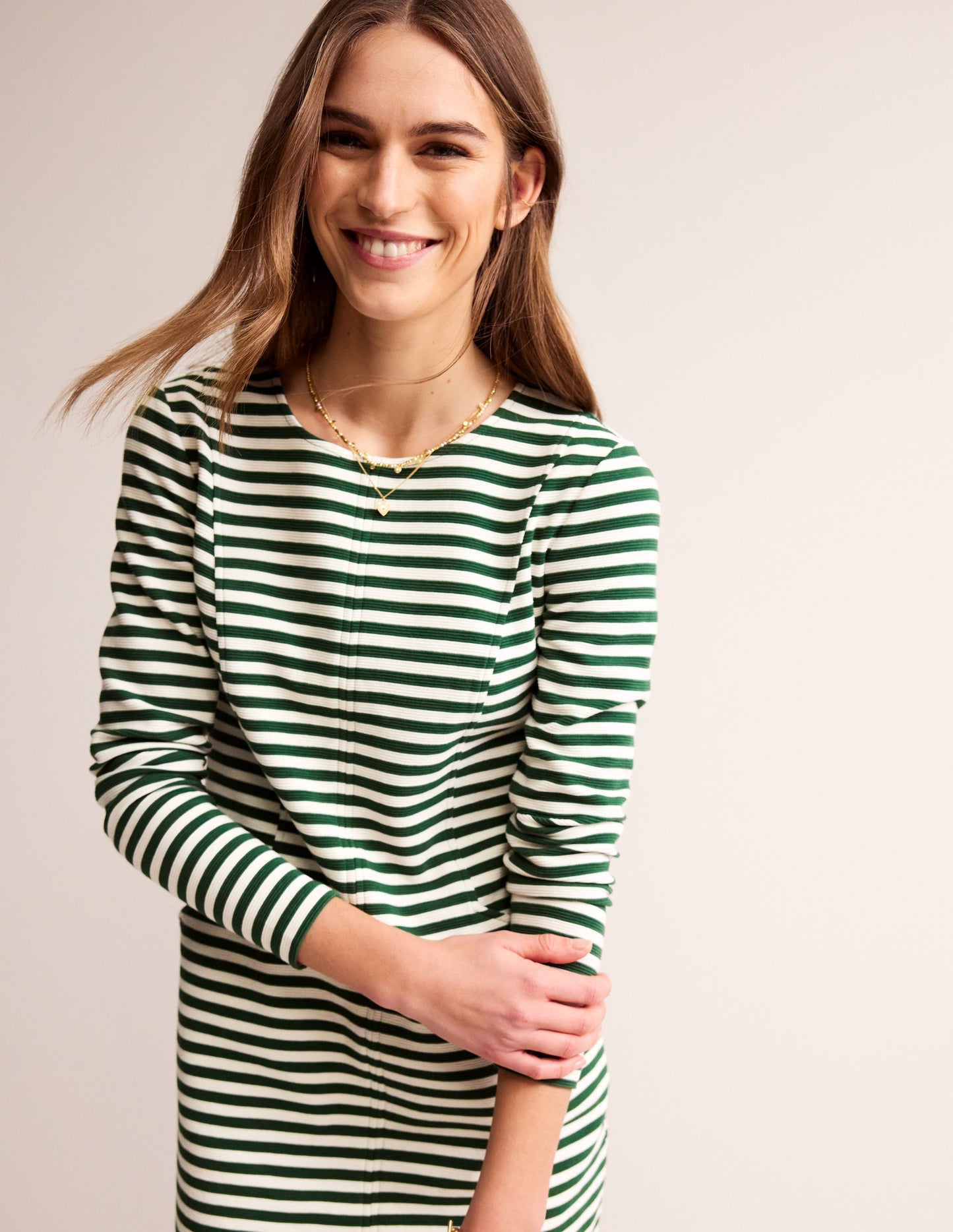 Ellen Ottoman Dress-Dark green, Ivory Stripe