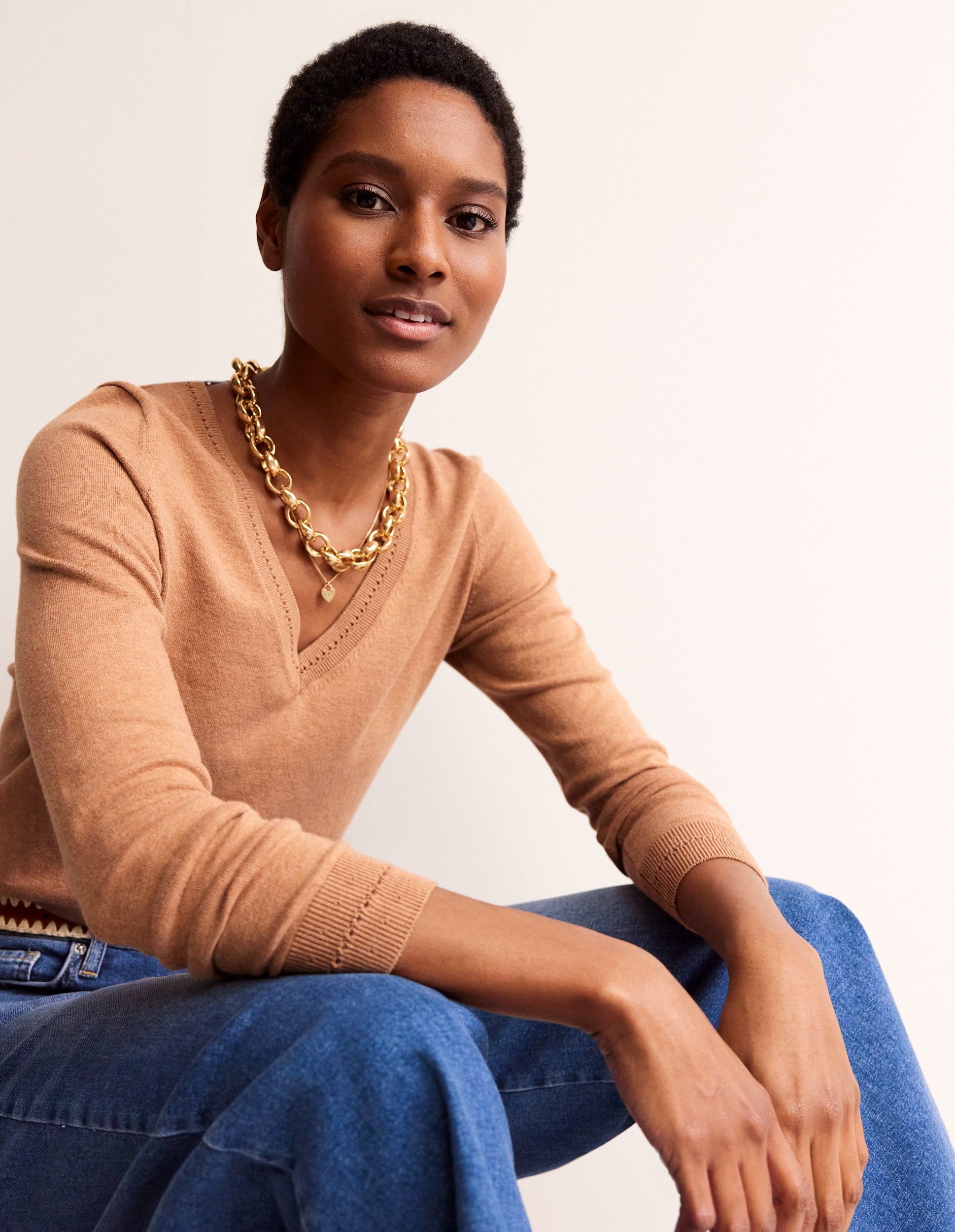 Catriona Cotton V-Neck Jumper-Camel Melange - Image 1
