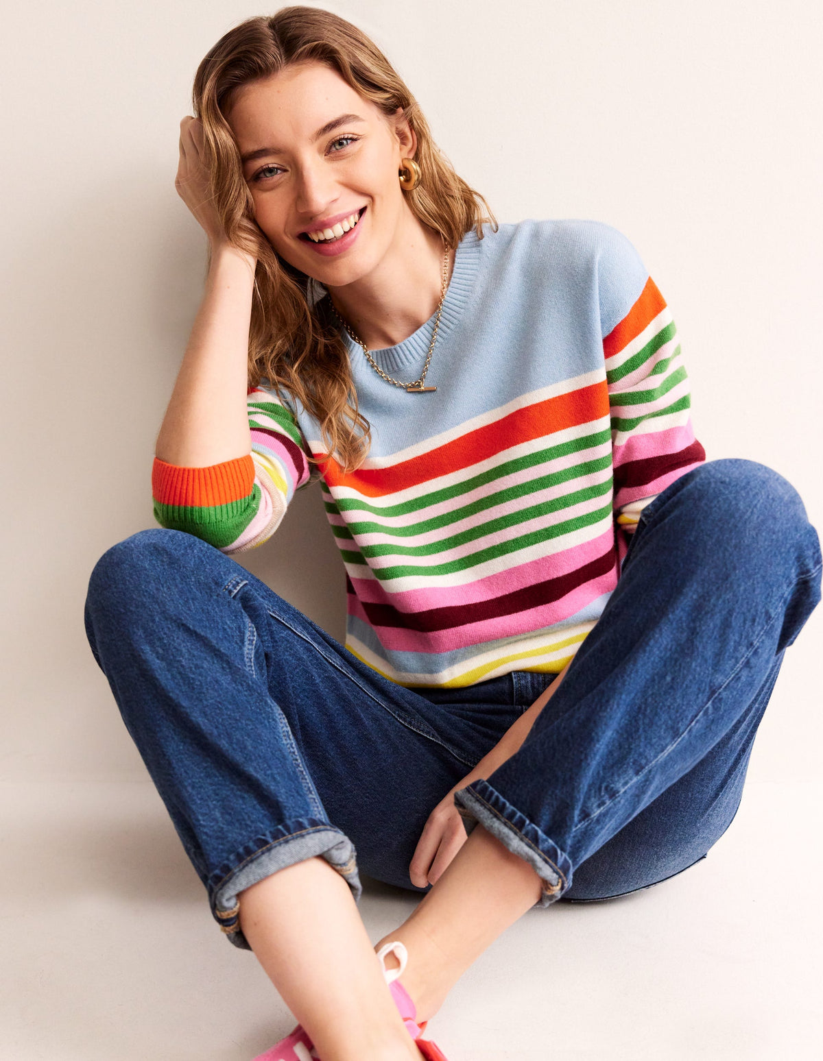 Lydia Cashmere Jumper-Light Blue, Orange Stripe-1