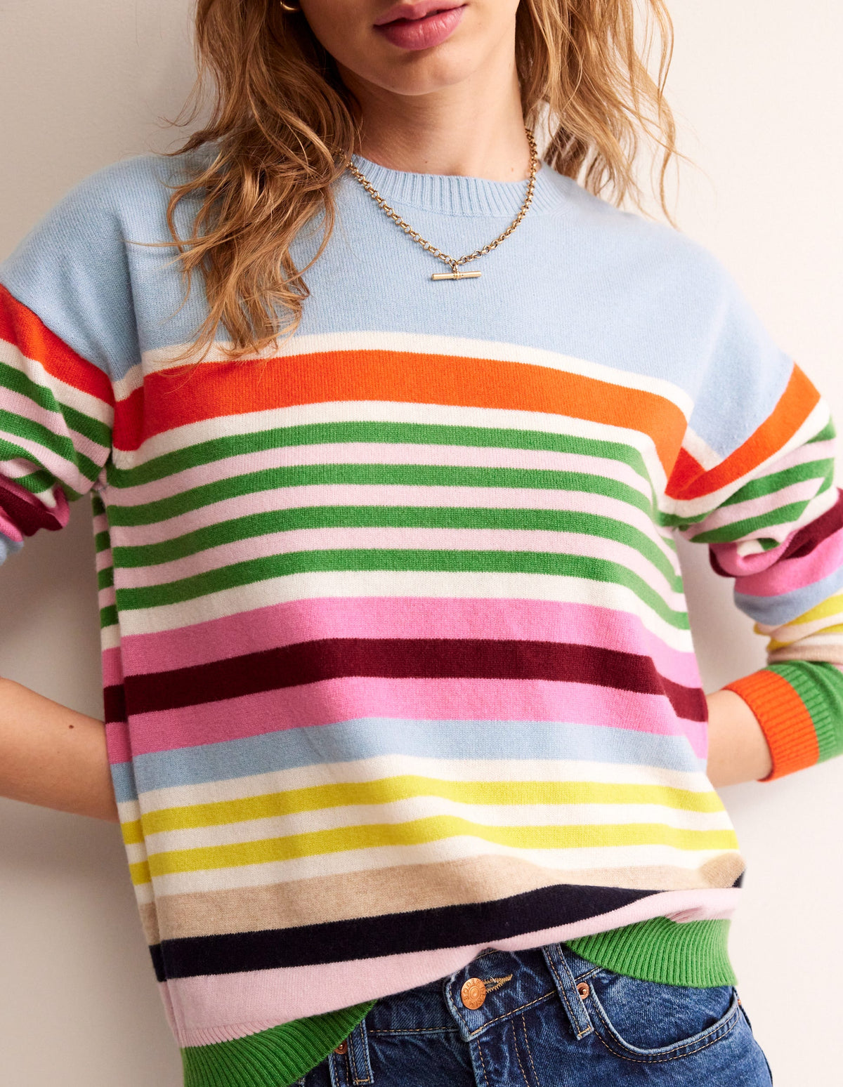 Lydia Cashmere Jumper-Light Blue, Orange Stripe-2