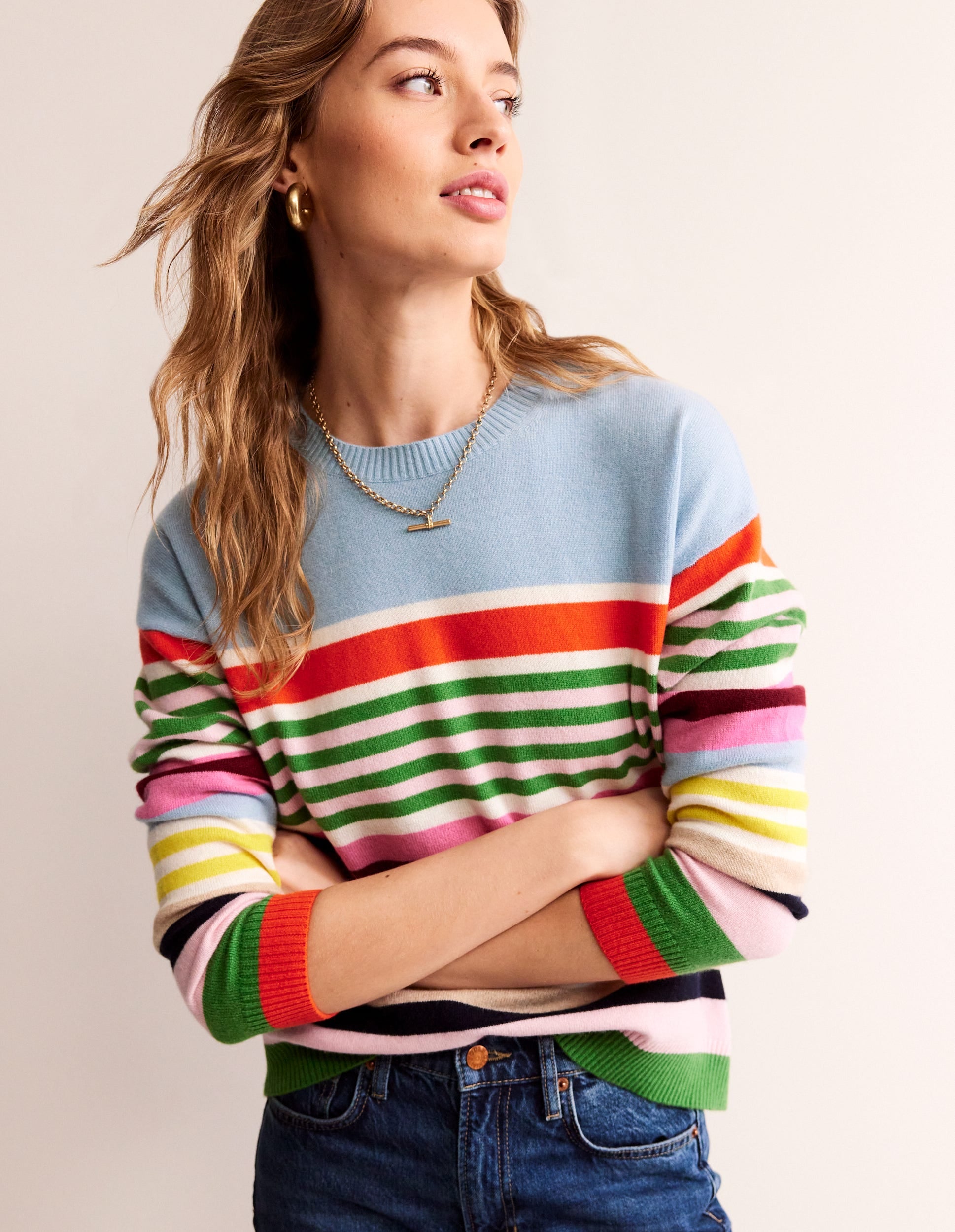 Lydia Cashmere Jumper-Light Blue, Orange Stripe - Image 4