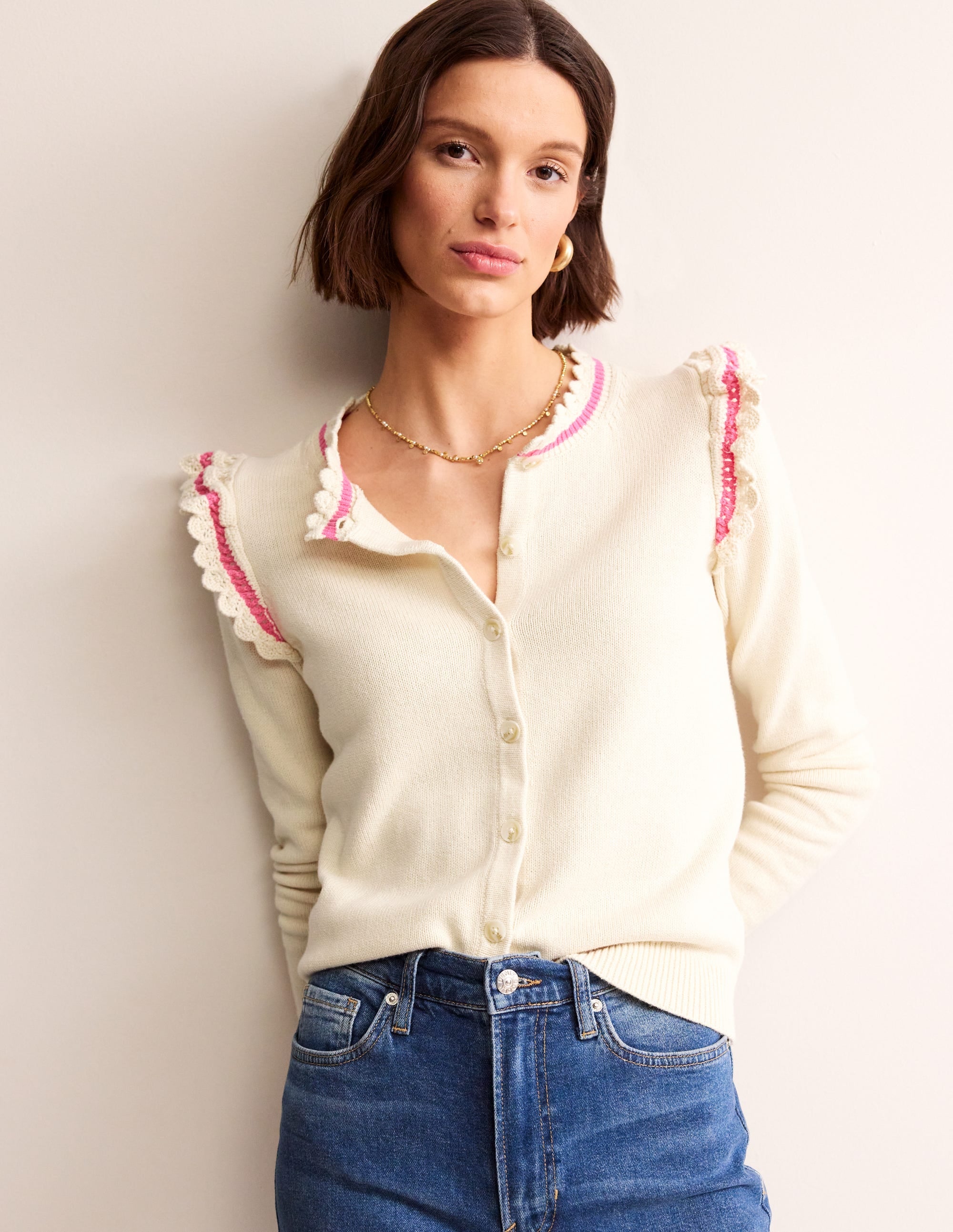 Crochet Frill Detail Cardigan-Warm Ivory - Image 1