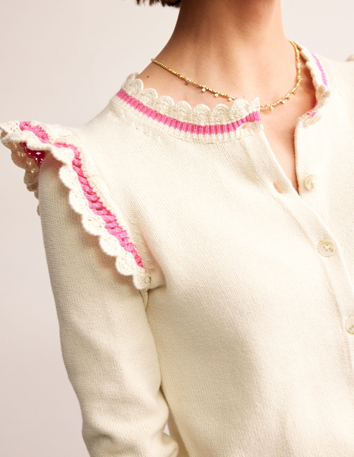 Crochet Frill Detail Cardigan-Warm Ivory - Image 2