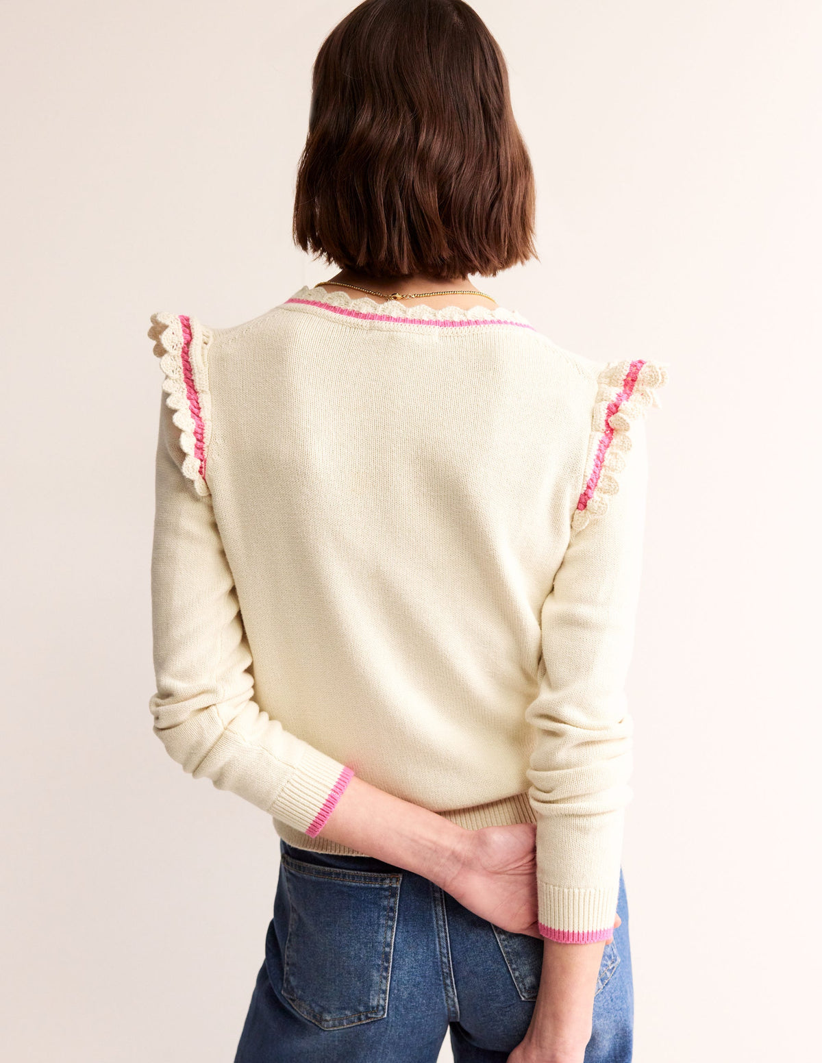 Crochet Frill Detail Cardigan-Warm Ivory - Image 3