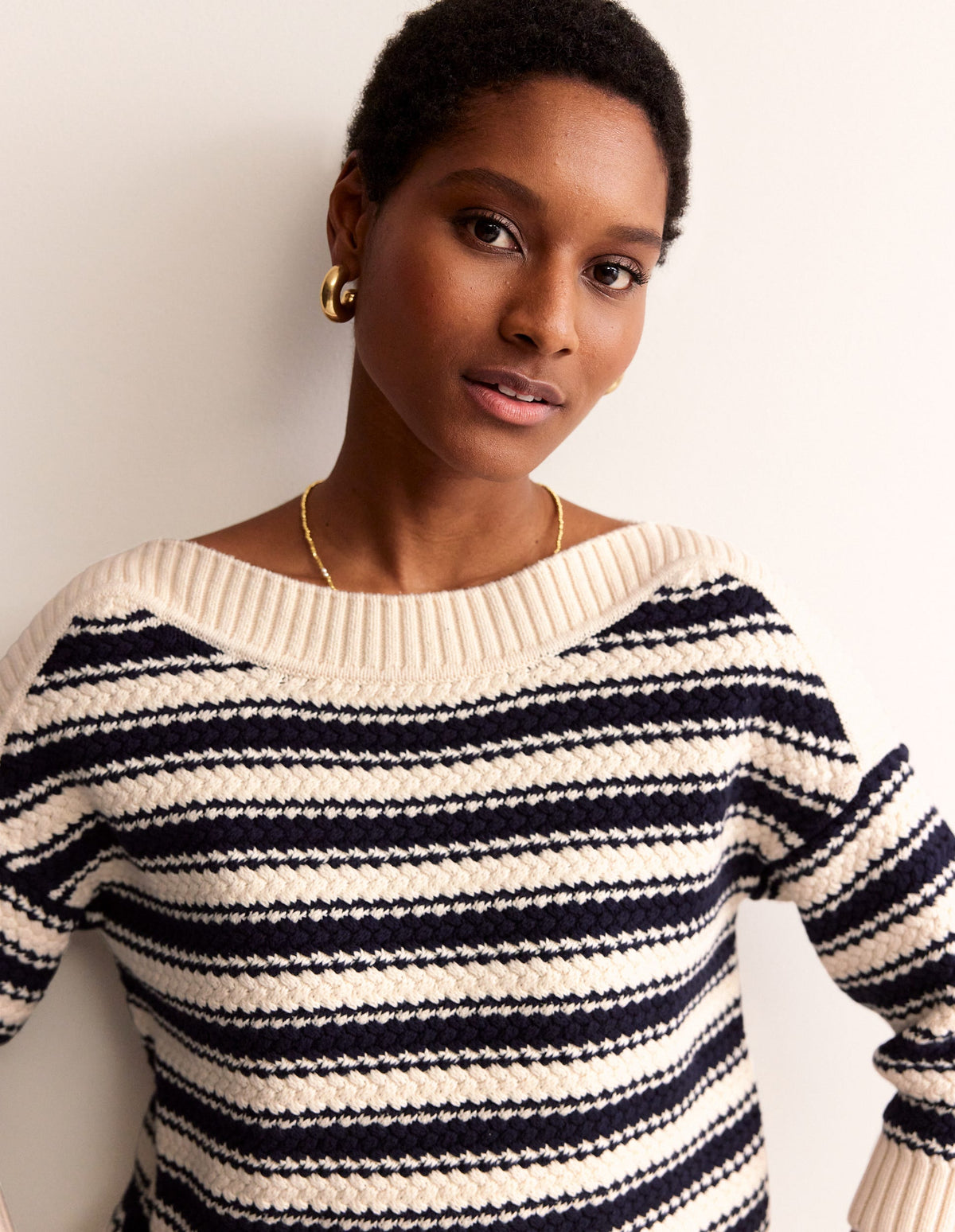 Textured Cotton Stripe Jumper-Navy, Ivory Textured Stripe - Image 1