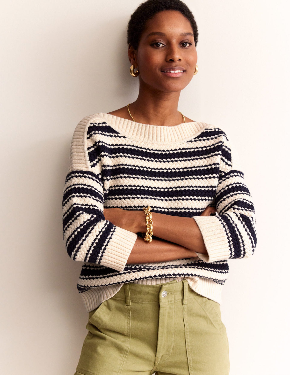 Textured Cotton Stripe Jumper-Navy, Ivory Textured Stripe - Image 2