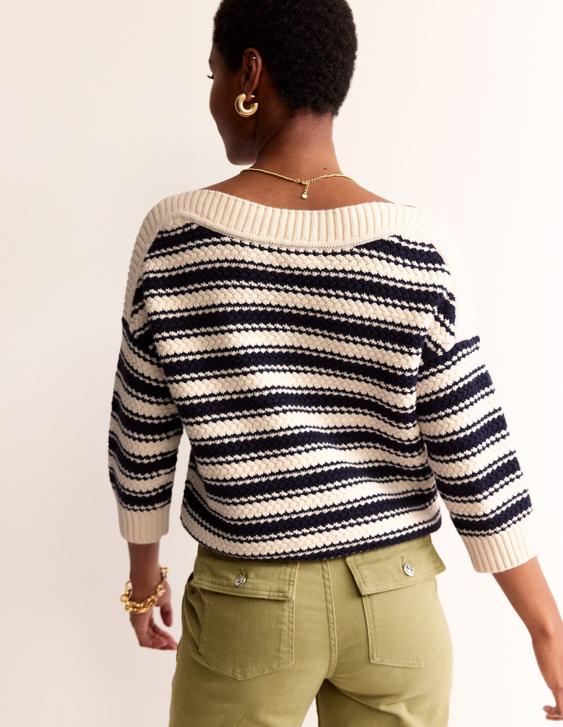 Textured Cotton Stripe Jumper-Navy, Ivory Textured Stripe - Image 4