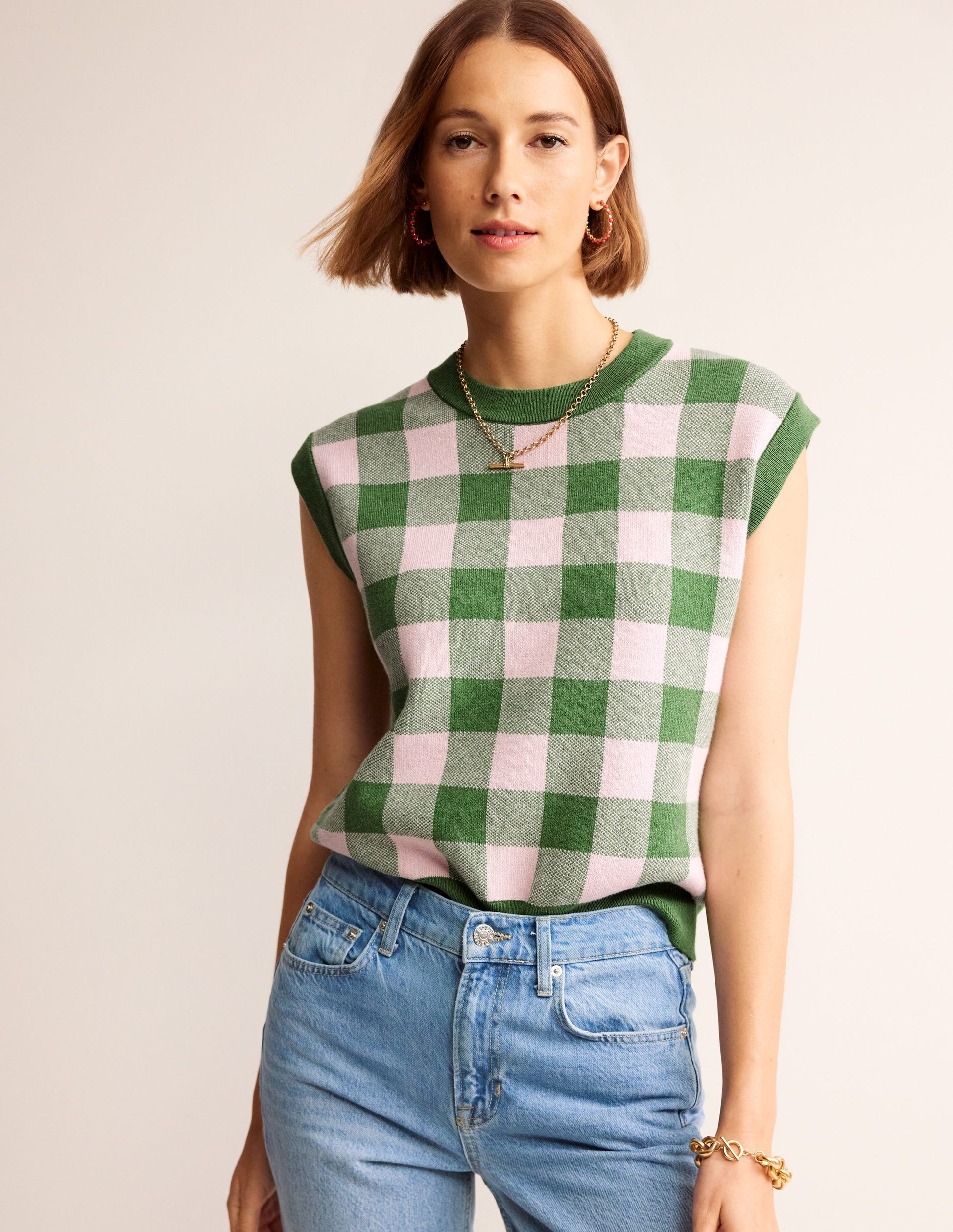 Gingham Tank-Rich Emerald, Blossom Pink-1