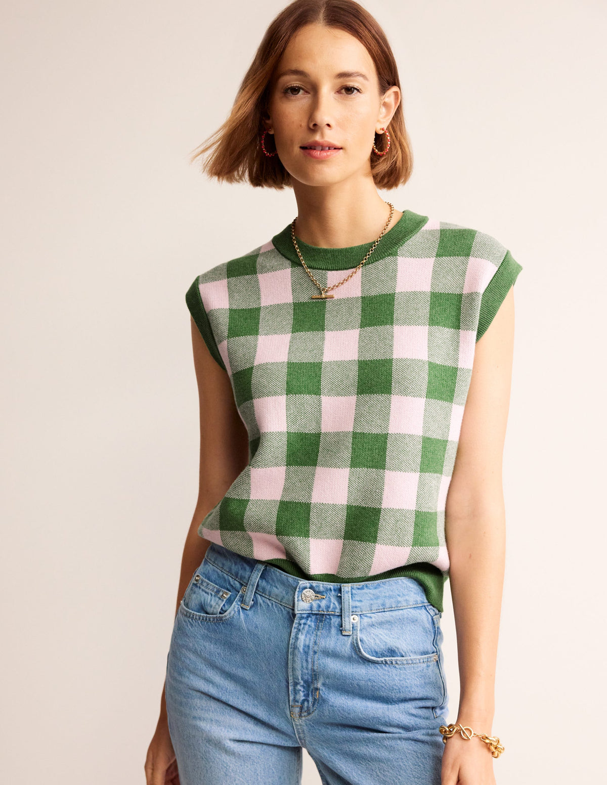 Gingham Tank-Rich Emerald, Blossom Pink - Image 1