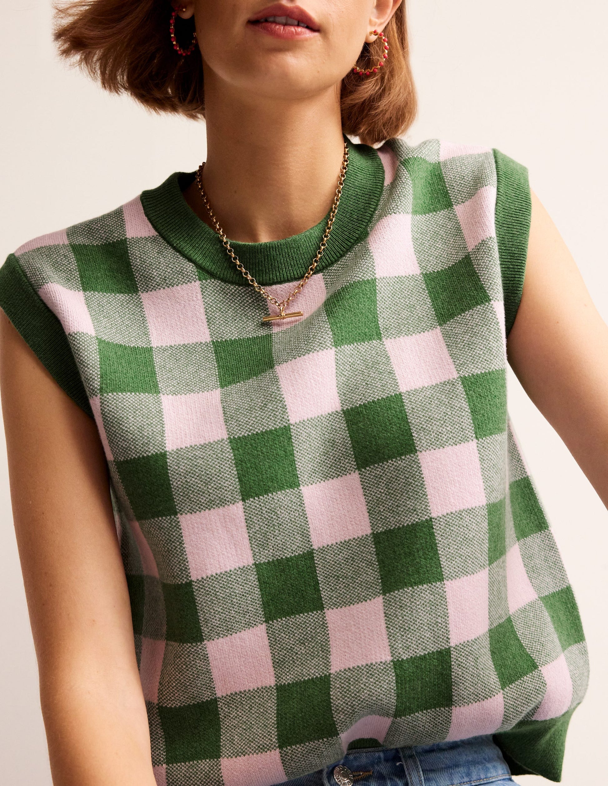 Gingham Tank-Rich Emerald, Blossom Pink-2