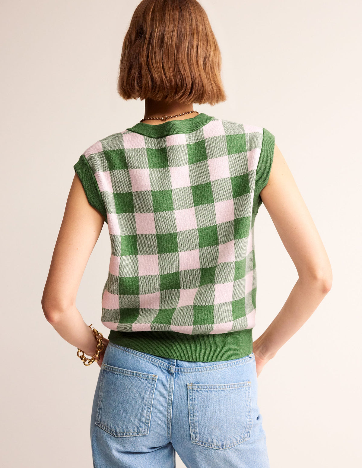 Gingham Tank-Rich Emerald, Blossom Pink-3