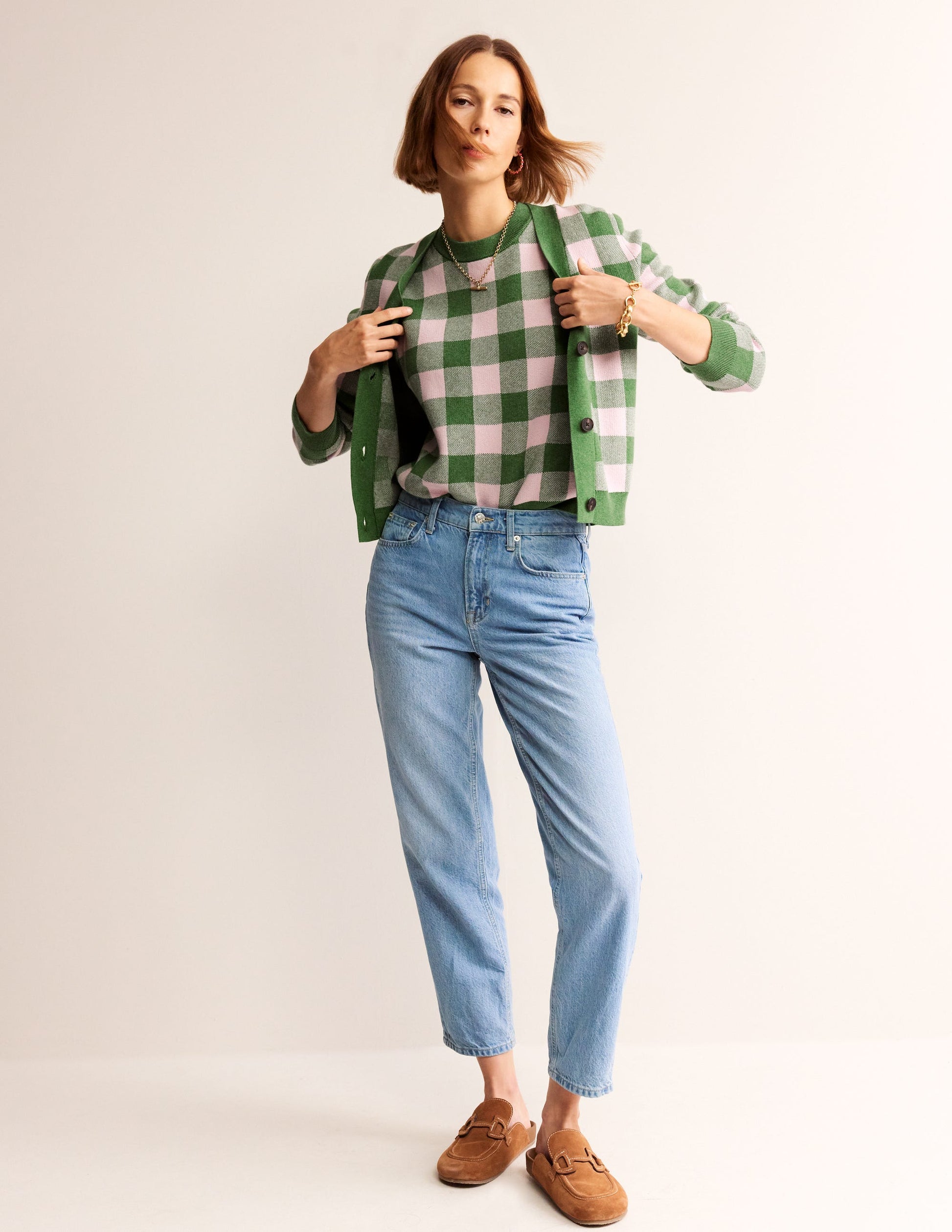 Gingham Tank-Rich Emerald, Blossom Pink-4